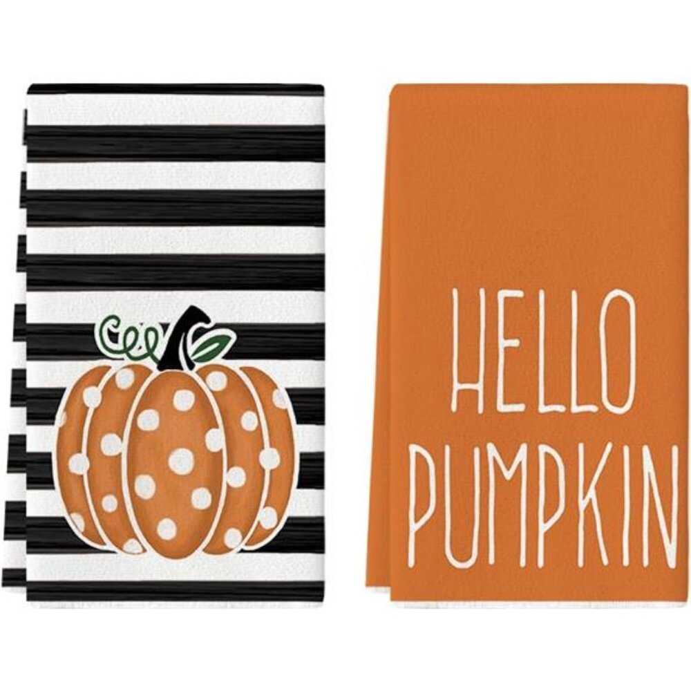 Orange Polka Dot Fall Kitchen Towels Set of 2 Hello Pumpkin Hand Dish Towels